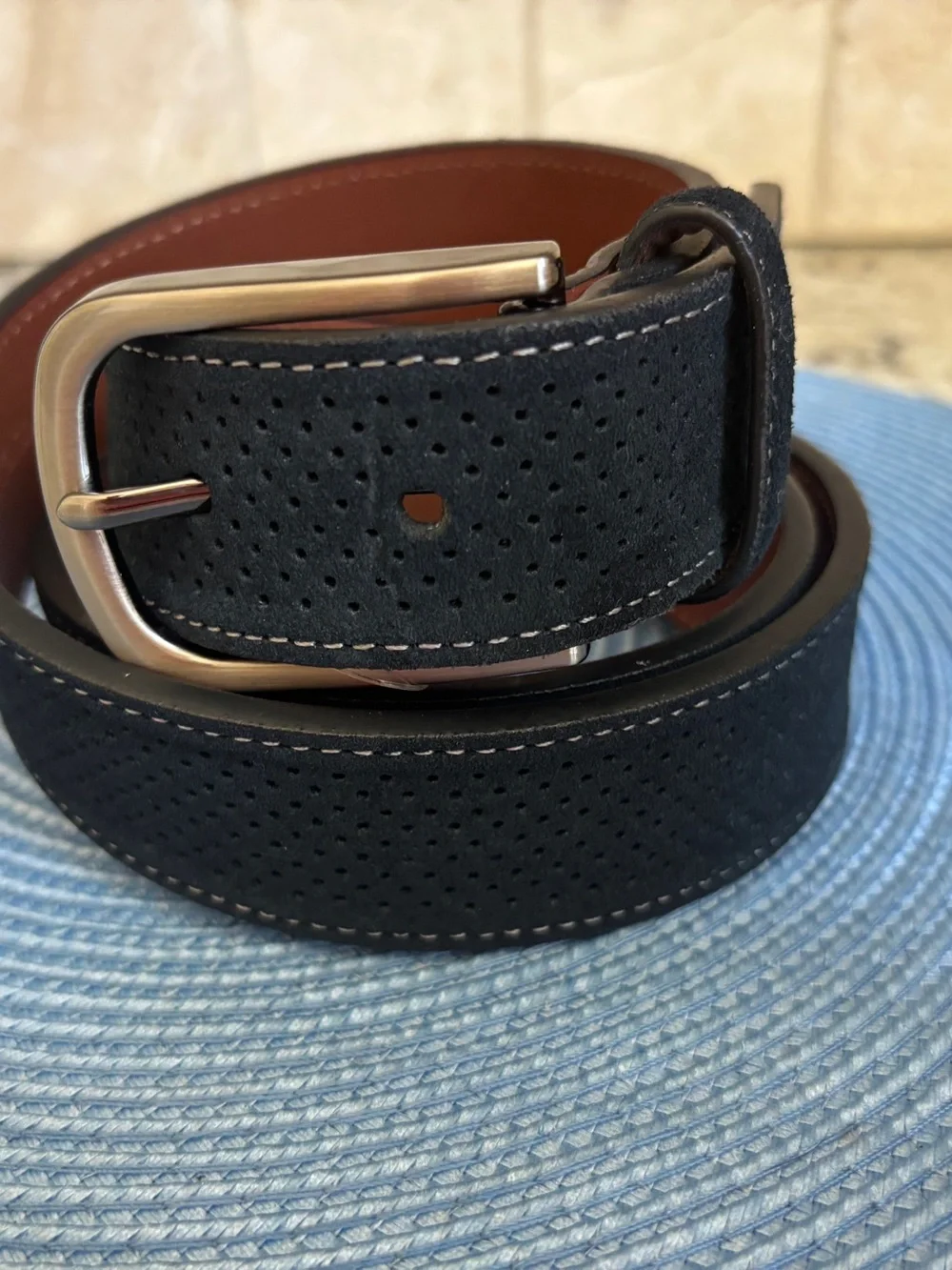 Johnston And Murphy Perfed Navy Blue Leather Suede Belt with Silver Buckle